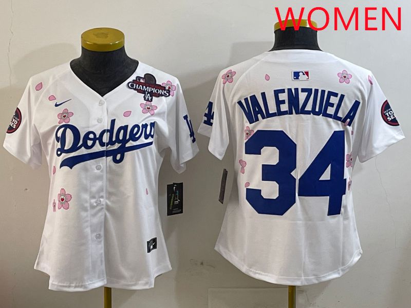 Women Los Angeles Dodgers #34 Valenzuela White Sakura Edition 2025 Nike MLB Jersey style 3